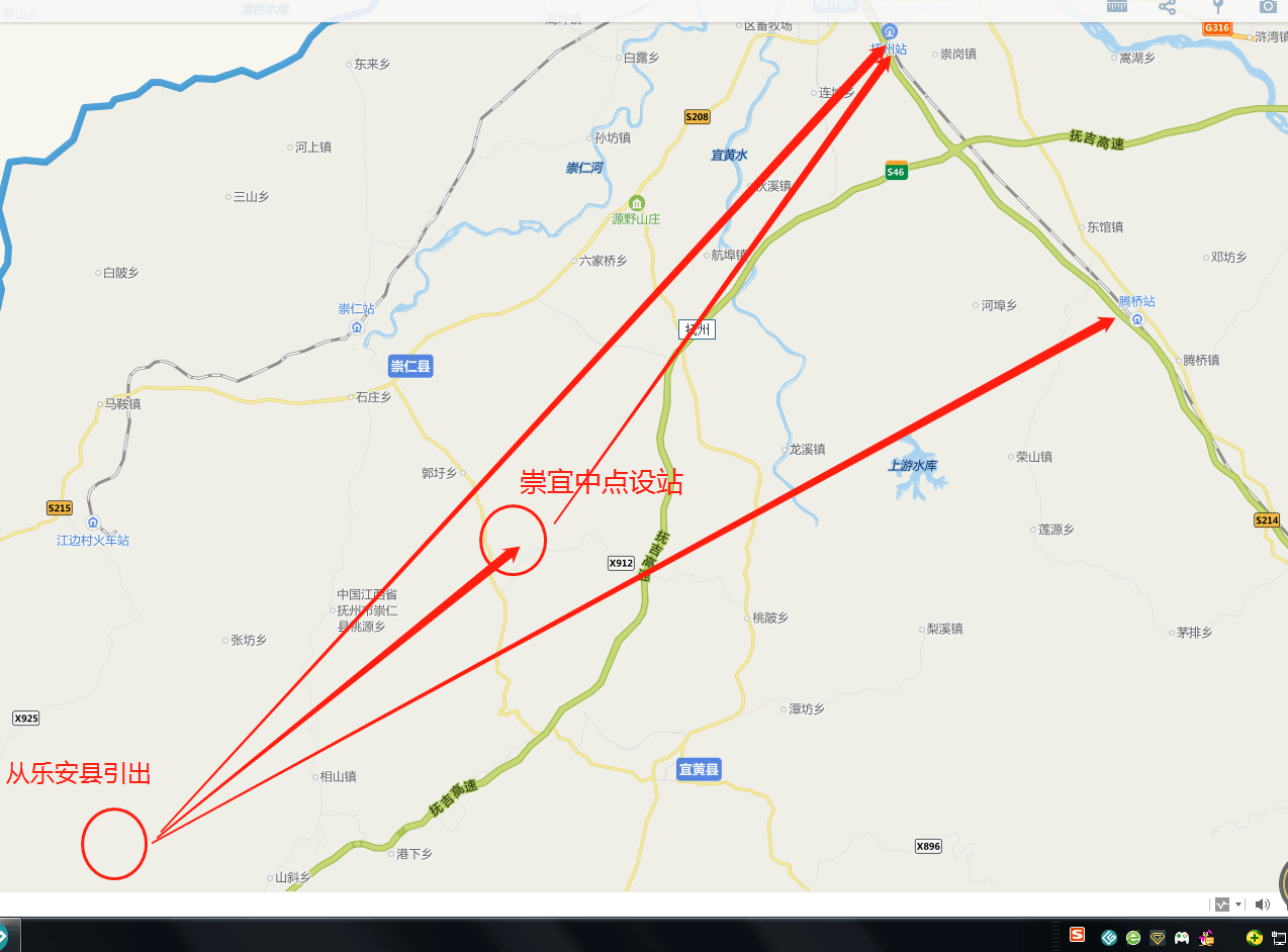 首先,这条铁路肯定是从吉安方向过来,如上图,经我市的乐安县,崇仁县等