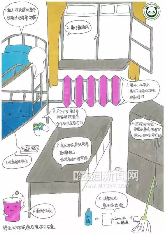 "学会玩"!手绘漫画提醒搞好寝室卫生|还有一套"洗手七步法"送你