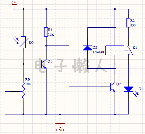 电路图: 本电路可实现在环境光照变暗时,自动点亮led灯;同理在环境