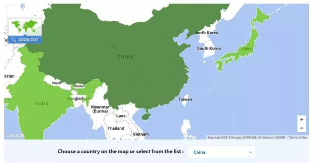 但在其英文官方网页上的地图中点选中国时,中国大陆的版图着色时台湾图片