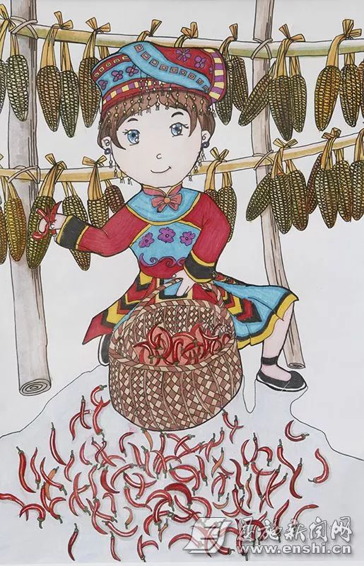 儿童画《土家人的快乐》李雅馨(利川市9岁)