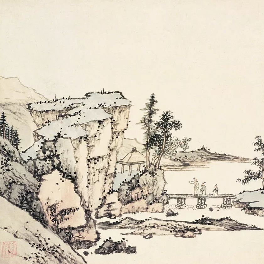 例如《渐江山水册》,画面清幽之趣铺面,其树石,浅水,点景屋宇行人,皆