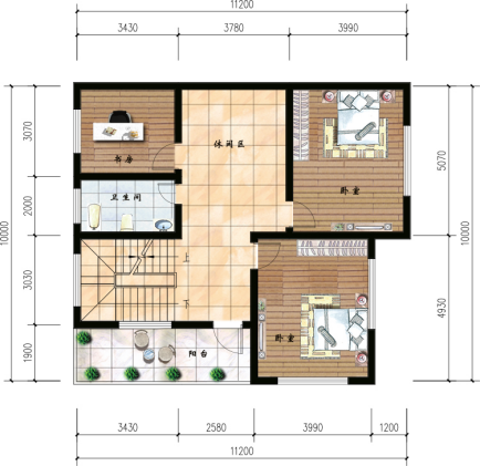 一层平面布局图:客厅,餐厅,厨房,神位,卧室,阳台.