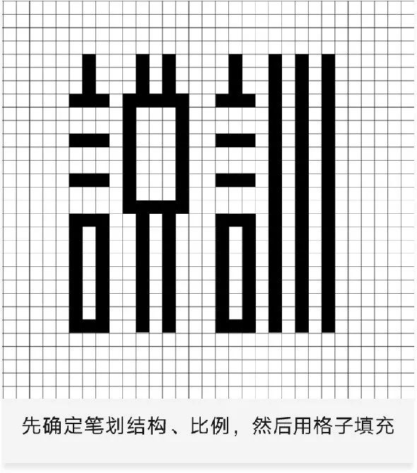 竖两种笔划结构特点,可以将笔划平衡点置于中心;先用正方形设定字体的