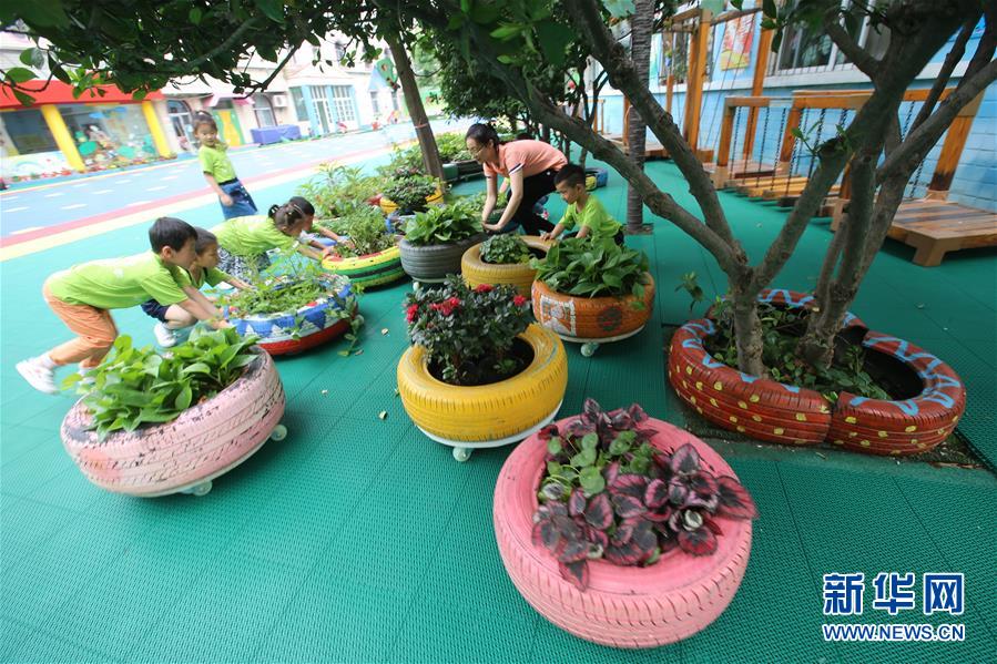 6月4日,湖北省襄阳市实验幼儿园的孩子们摆放由废旧胎制作的花盆.