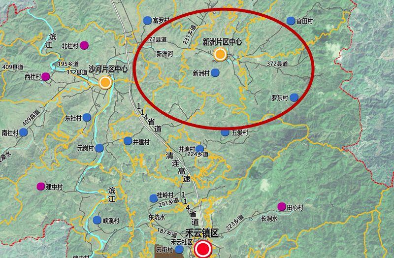 1个城镇是指禾云镇区,而3个片区中心分别是鱼坝圩,沙河圩,新洲圩.