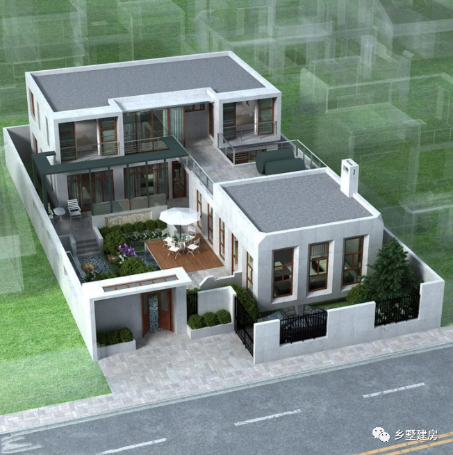 简单的两层平顶现代别墅,流畅的线条,考究的屋檐拐角.