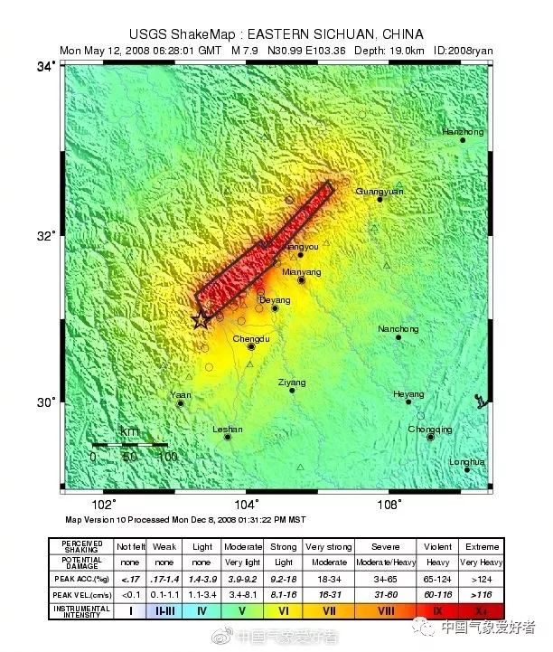 十年前的汶川大地震,震中位于汶川县境内,但烈度分布并非为以震中为