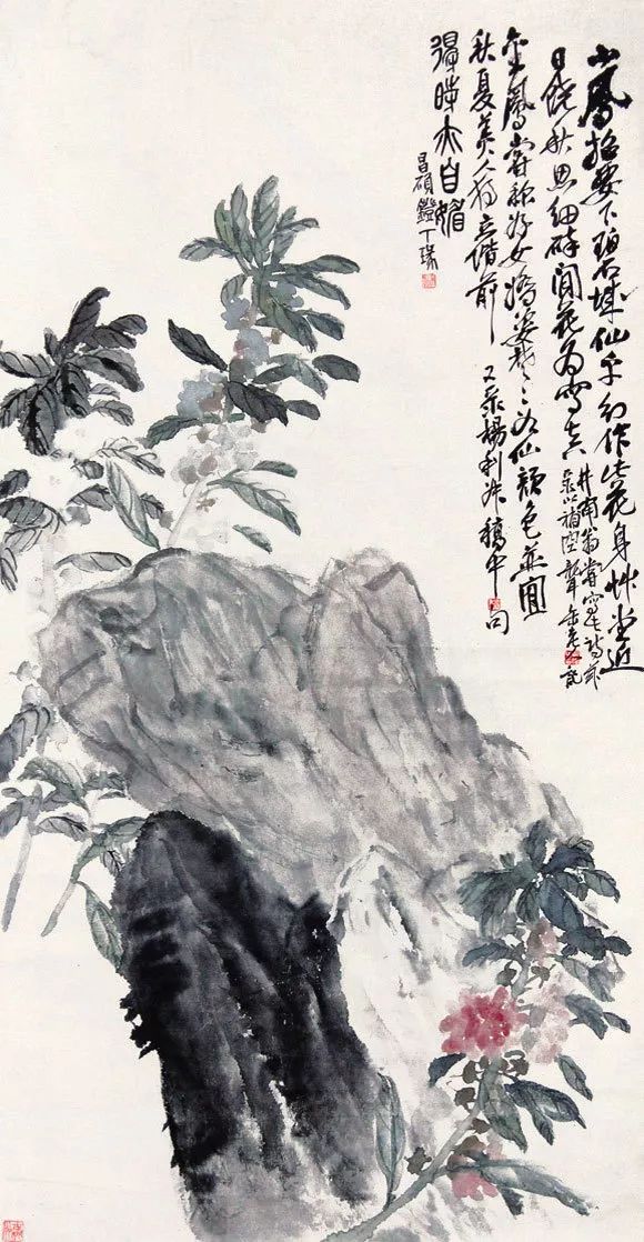 图一 吴昌硕 设色凤仙花 124.5cm×63.8cm