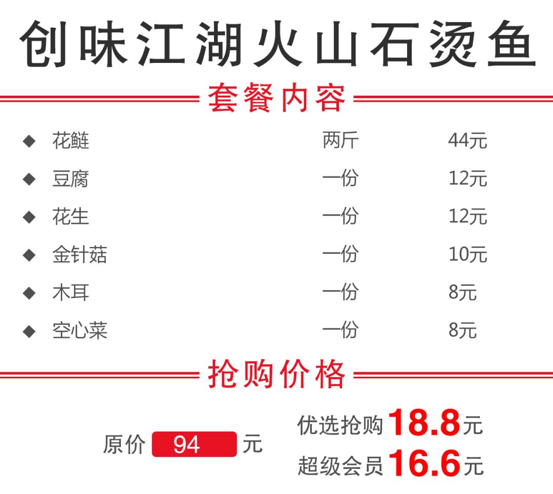 【优选抢购】18.8元抢购价值94元创味江湖火山石烫鱼火锅套餐!