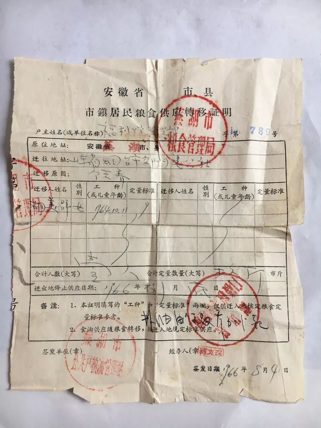 正文  芜湖福利院未能查到档案 在一份《市镇居民粮食供应转移证明》