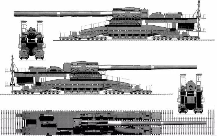 古斯塔夫火炮三视图,与铁轨对比来看,其体积已远超常规