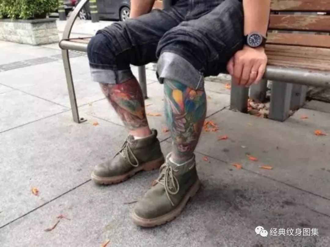 小腿玫瑰翅膀肖像纹身图案作品 - 花腿作品 武汉老兵纹身