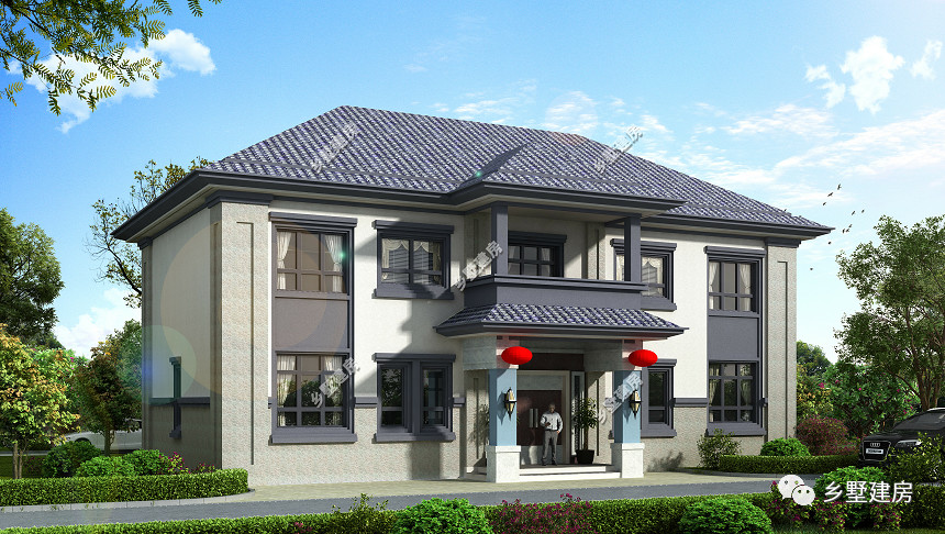 中式风格的两层别墅设计,蓝色四坡屋顶设计,门口浇筑了两根柱子设计了