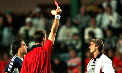世界杯上的著名红牌:1998年法国世界杯八分之一决赛,贝克汉姆得到红牌