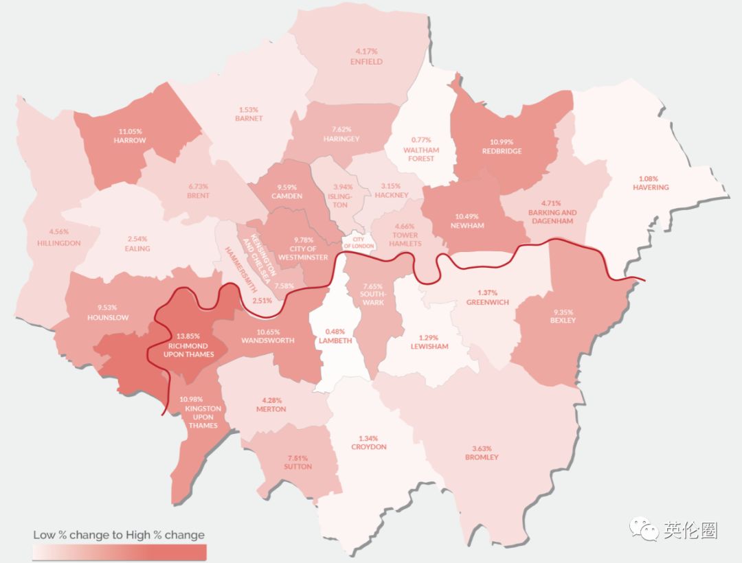 伦敦各区域犯罪增长指数地图(图片来自lawtonslaw.co.