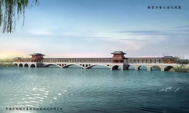 濂水河景观桥工程整体采用仿古廊桥形式,桥面以上为仿汉建筑,桥面