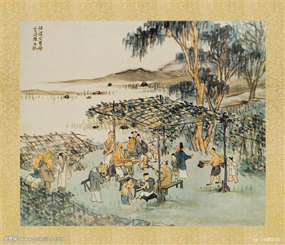 清朝画家所绘表现乡村生活场景的水墨画.