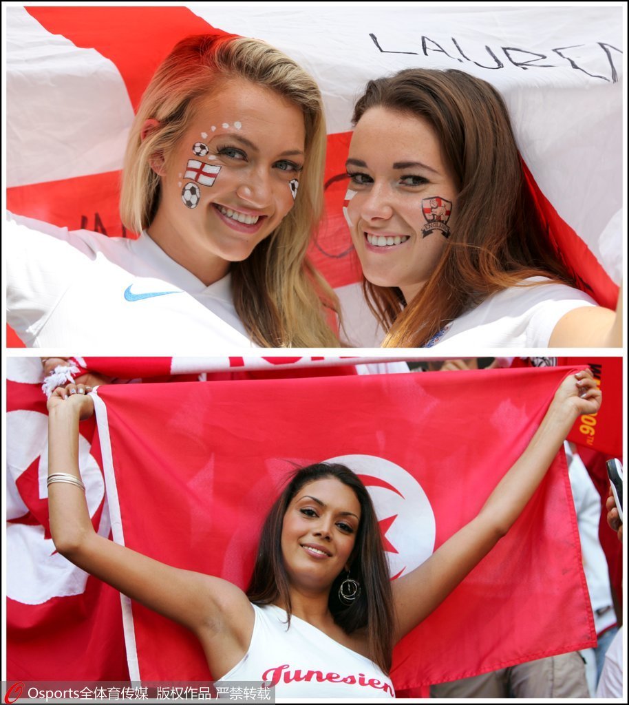 高清：突尼斯vs英格兰球迷PK美女球迷举旗助威