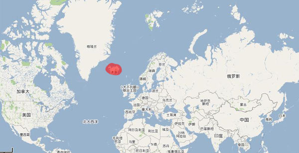图片的红色部分就是冰岛.位于格陵兰岛和英国之间.