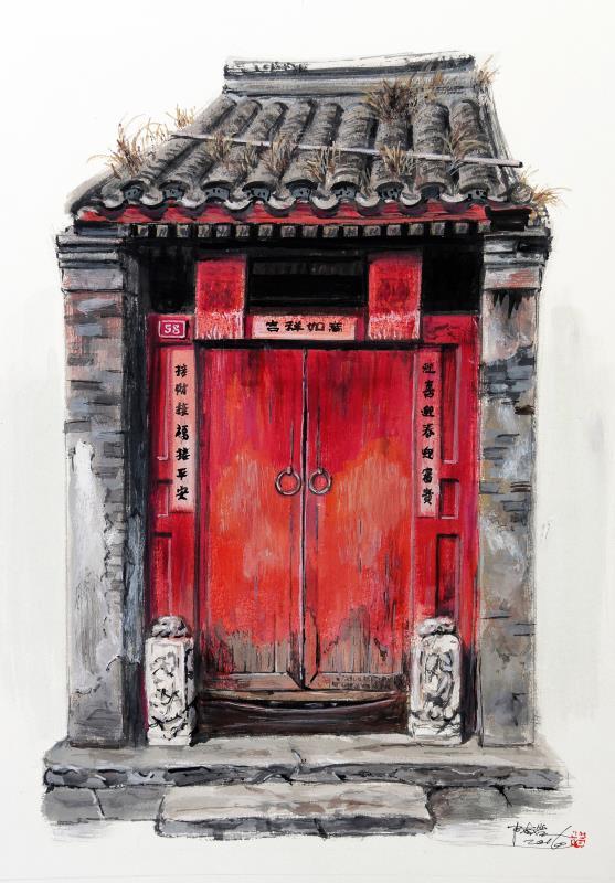 《胡同红门楼》纸本水粉画(50×36cm)