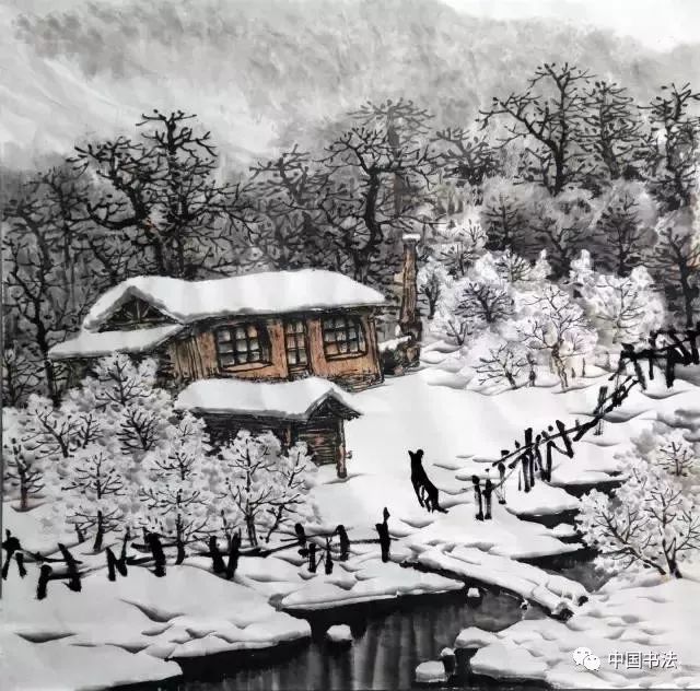 在黑树上嵌雪,调整画面.最后落款盖章,一幅画完成.