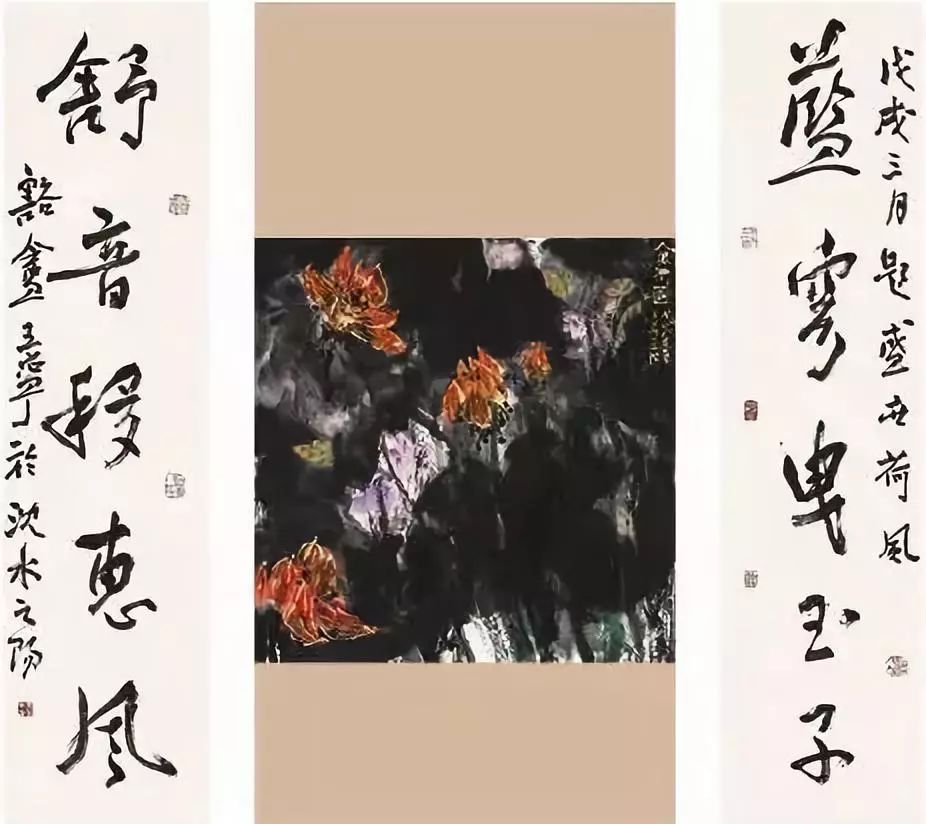 孙晓东 《金荷图之二》 68×68cm 2018年 王宁 书法对联 136×34cm×2