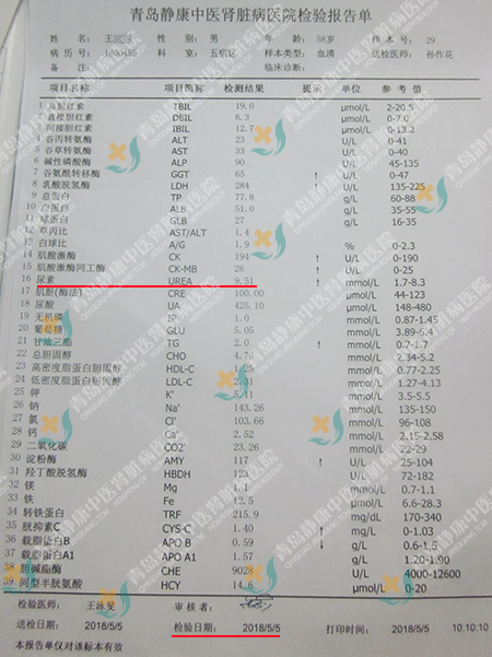 (王仁河入院时的肾功能检查结果)