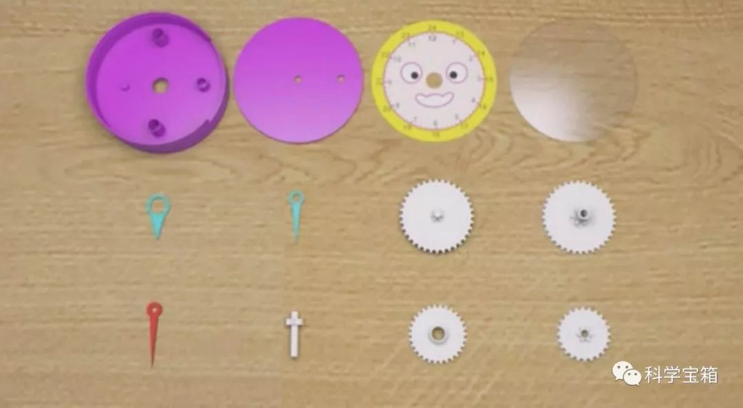 材料:表盘,钟表盖(前盖,后盖),齿轮(3个),时针,分针,秒针,圆片,轴等