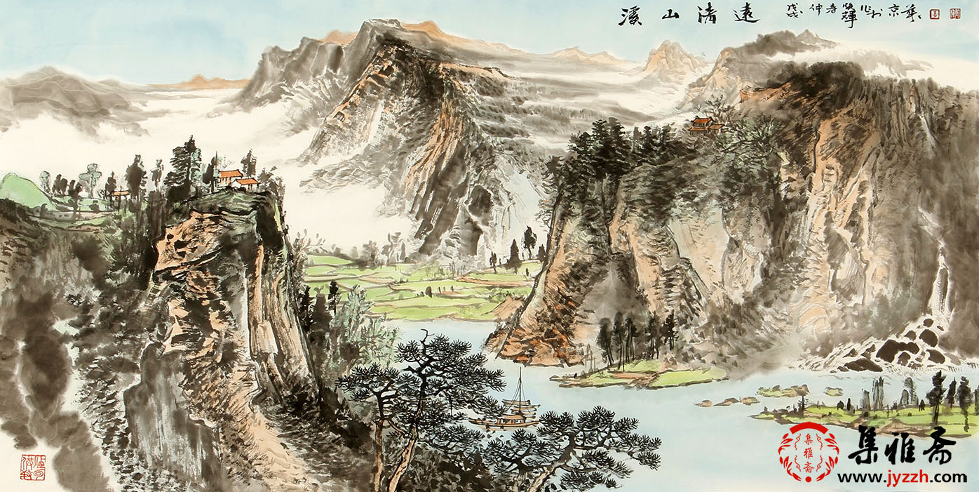 李焕辉先生这幅四尺横幅写意山水画《春潭千丈绿》此作构图平稳巧妙