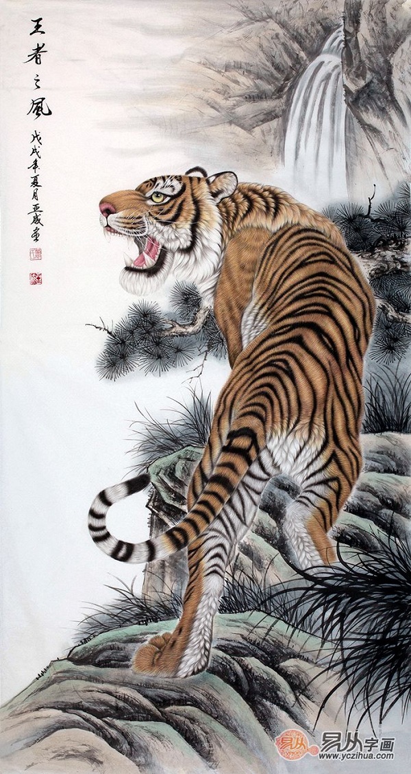 肖亚威六尺竖幅动物画工笔上山虎《王者之风》