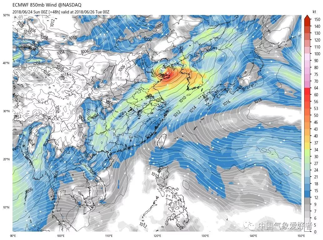 6月26日早晨,黄淮气旋从山东半岛出海.中气爱根据ecmwf数据制作