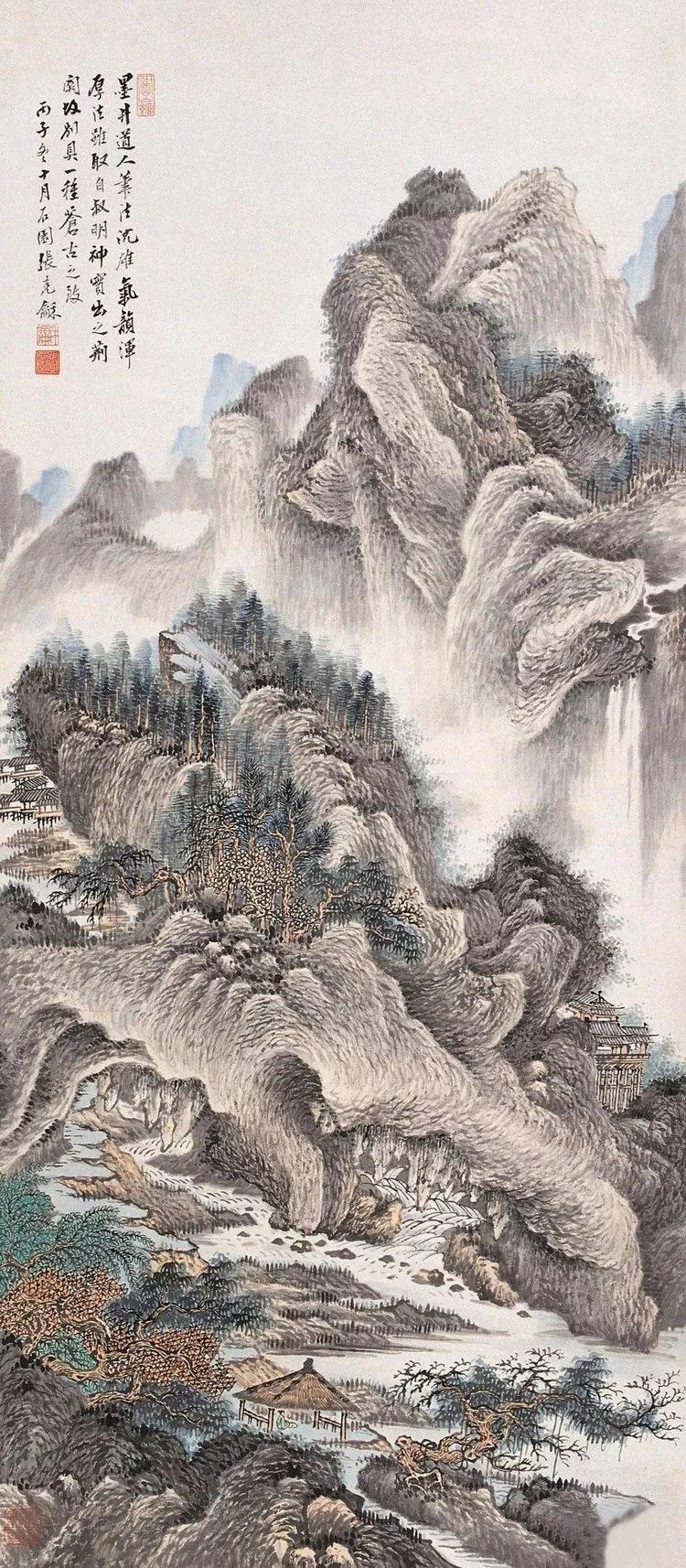 张石园, 擅山水画, 其作工整森秀, 笔力劲健 画作欣赏