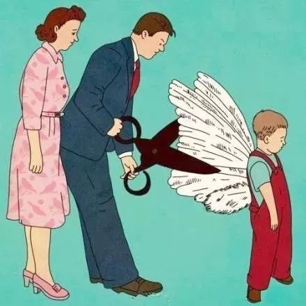 这是一张熟悉的画,家长拿着剪刀剪去孩子的翅膀,孩子说: 你把我的翅膀