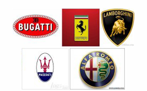 意大利知名的跑车品牌logo,从左到右依次是:布加迪,法拉利,兰博基尼