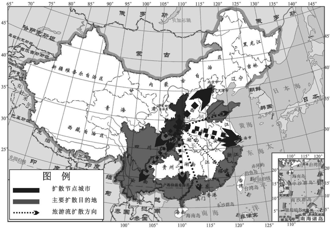 2017年入境游客以西安为节点的扩散方向示意图资料来源:国家测绘地理