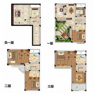 依澜郡130㎡合院产品就采用的l型设计,以院落空间为平面中心,上下三层