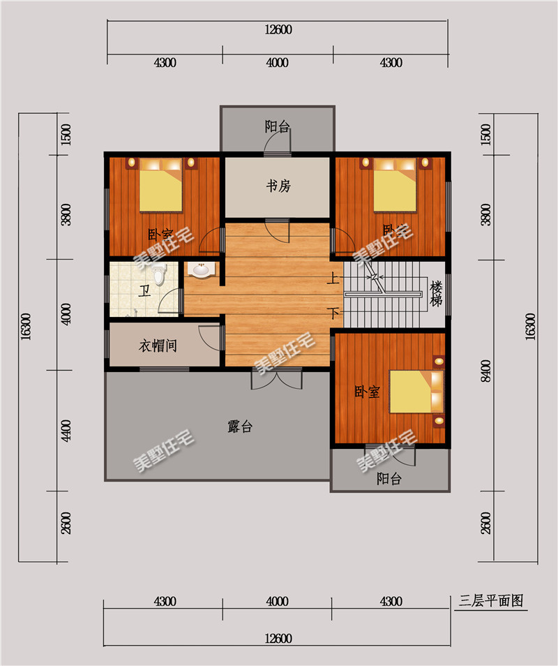 三层平面布局图设有:3卧室,2阳台,露台,书房,卫生间,衣帽间.