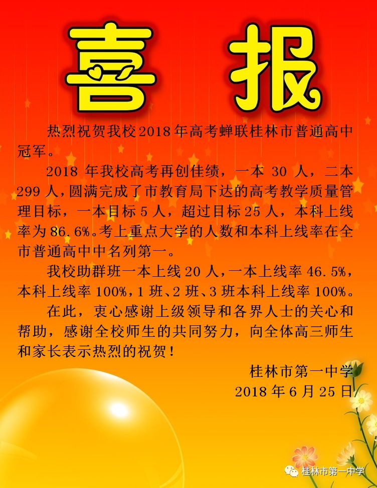 热烈祝贺桂林学子2018高考成绩再创辉煌——我市部分高中高考喜报汇总