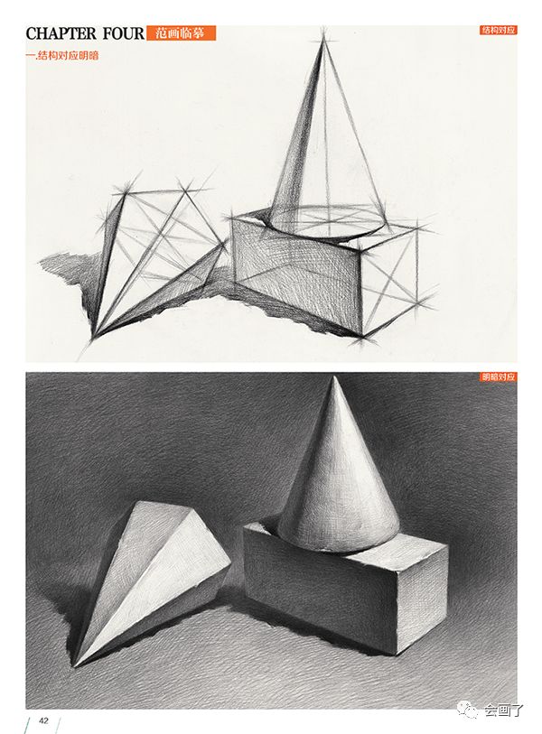 从结构与明暗入手,多步骤示范;第三部分为几何形体组合训练;第四部分