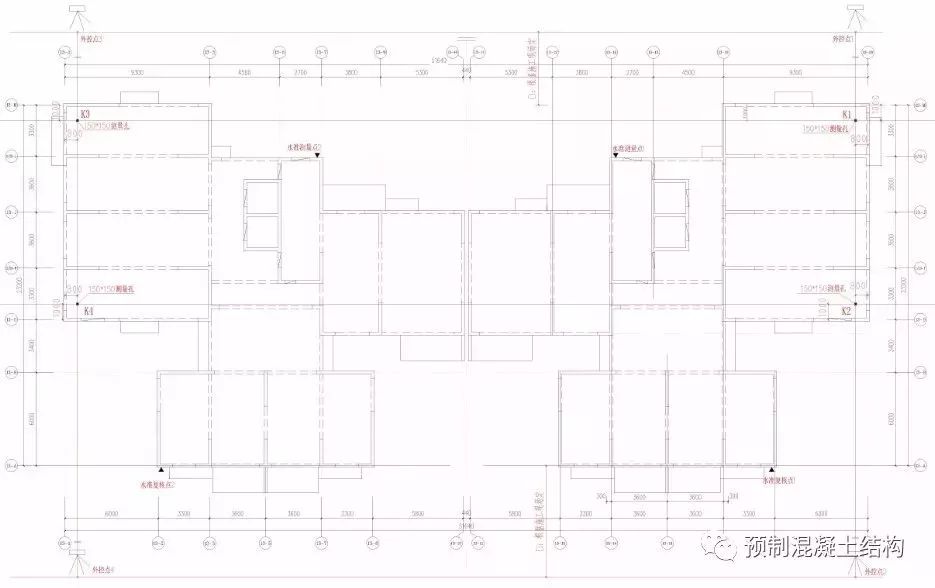 "外控法"复核方式;根据小区测量控制网依次测量出建筑物内控点k1,2,3