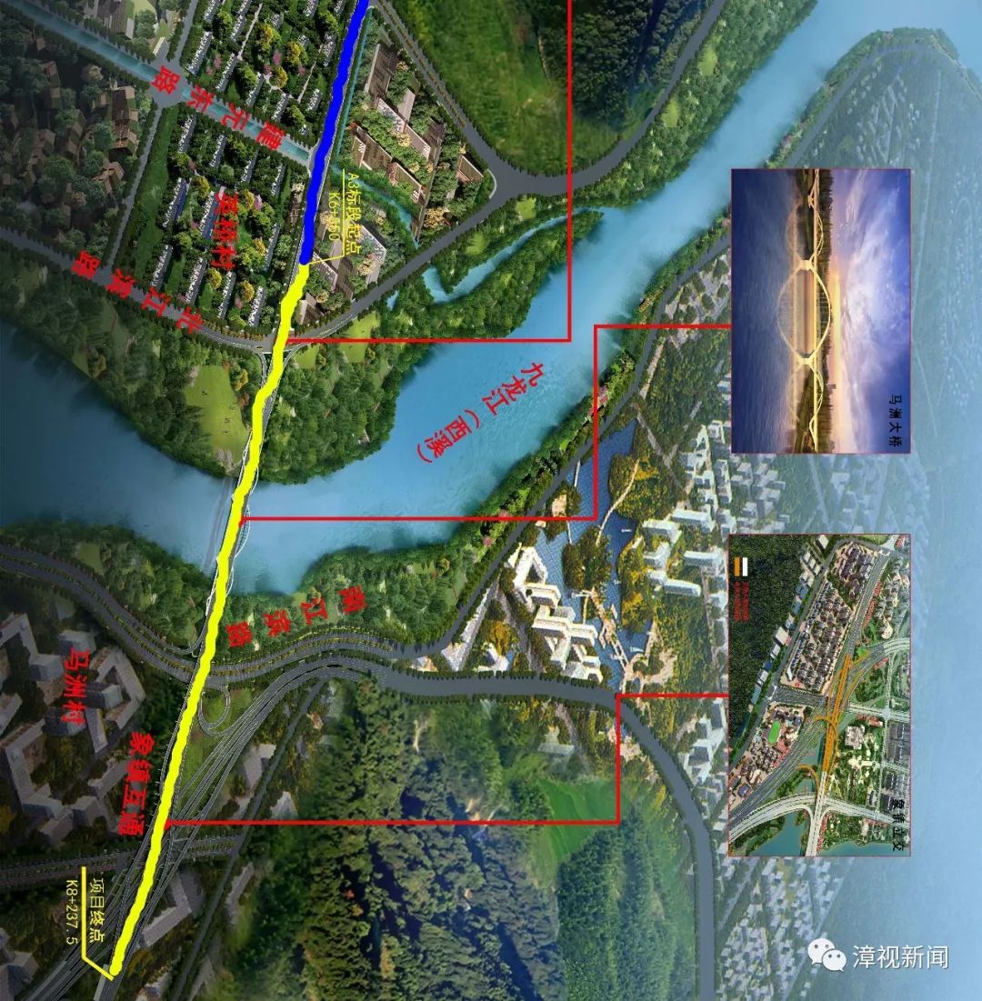 经北环城路,迎宾大道,北江滨路,跨越九龙江西溪至南江滨路,终点与厦漳