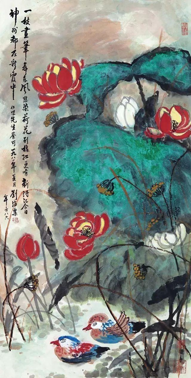 《荷花鸳鸯》144×73cm刘海粟 1984年作 荷花鸳鸯刘海粟 1986年作 红