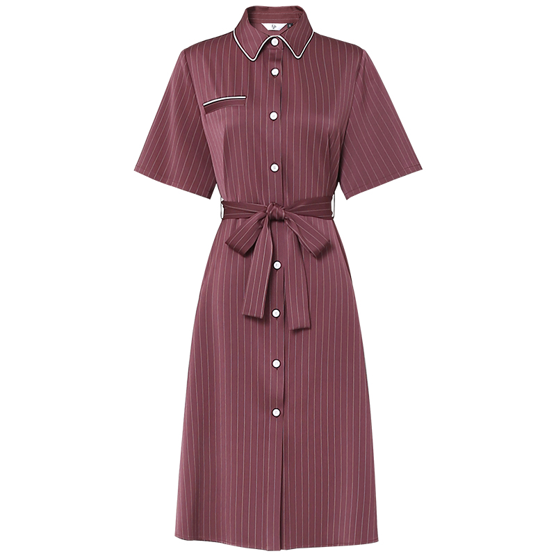 2018夏装新款 欧美时尚气质减龄方领五分袖系带显瘦条纹连衣裙