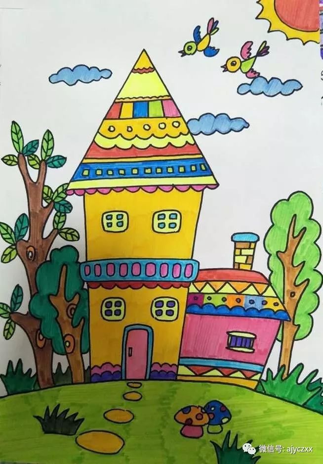 儿童画,是要求画出《漂亮的建筑》,每个老师画4张小的步骤图和一张