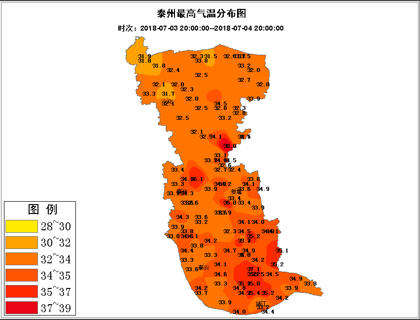 31.7℃(兴化)-34.1℃(泰兴)