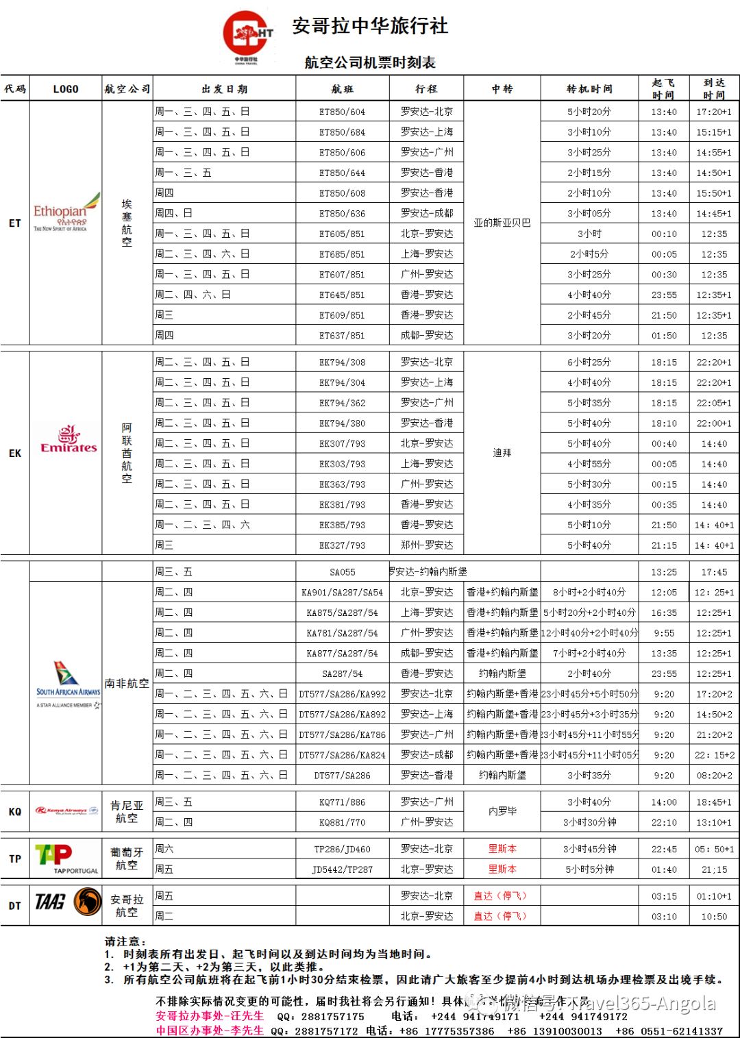 最新各大航空公司时刻表