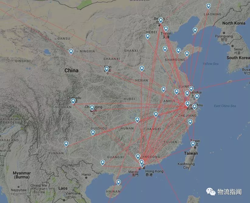 顺丰空运网络主要航线图(可以看到杭州和深圳的航线最为密集)