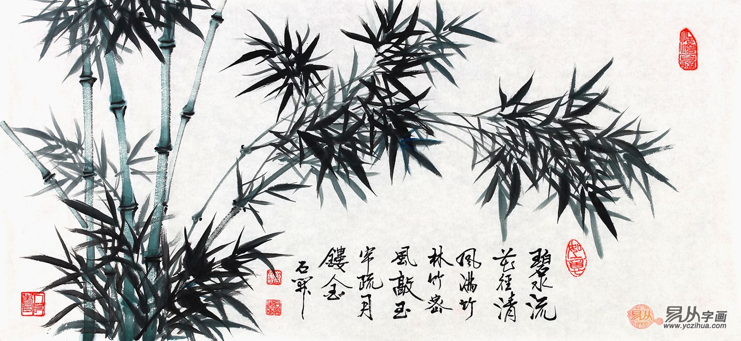 石开新品国画竹子图《碧水流花径 清风满竹林》(作品来源:易从网)