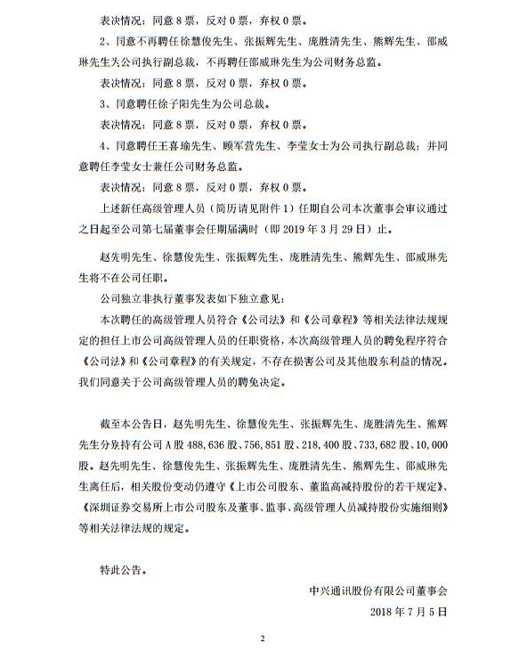 中兴通讯新任管理层名单出炉 聘任徐子阳为总裁